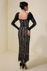 Lace Splicing Mesh Puff Sleeve Midi Dress