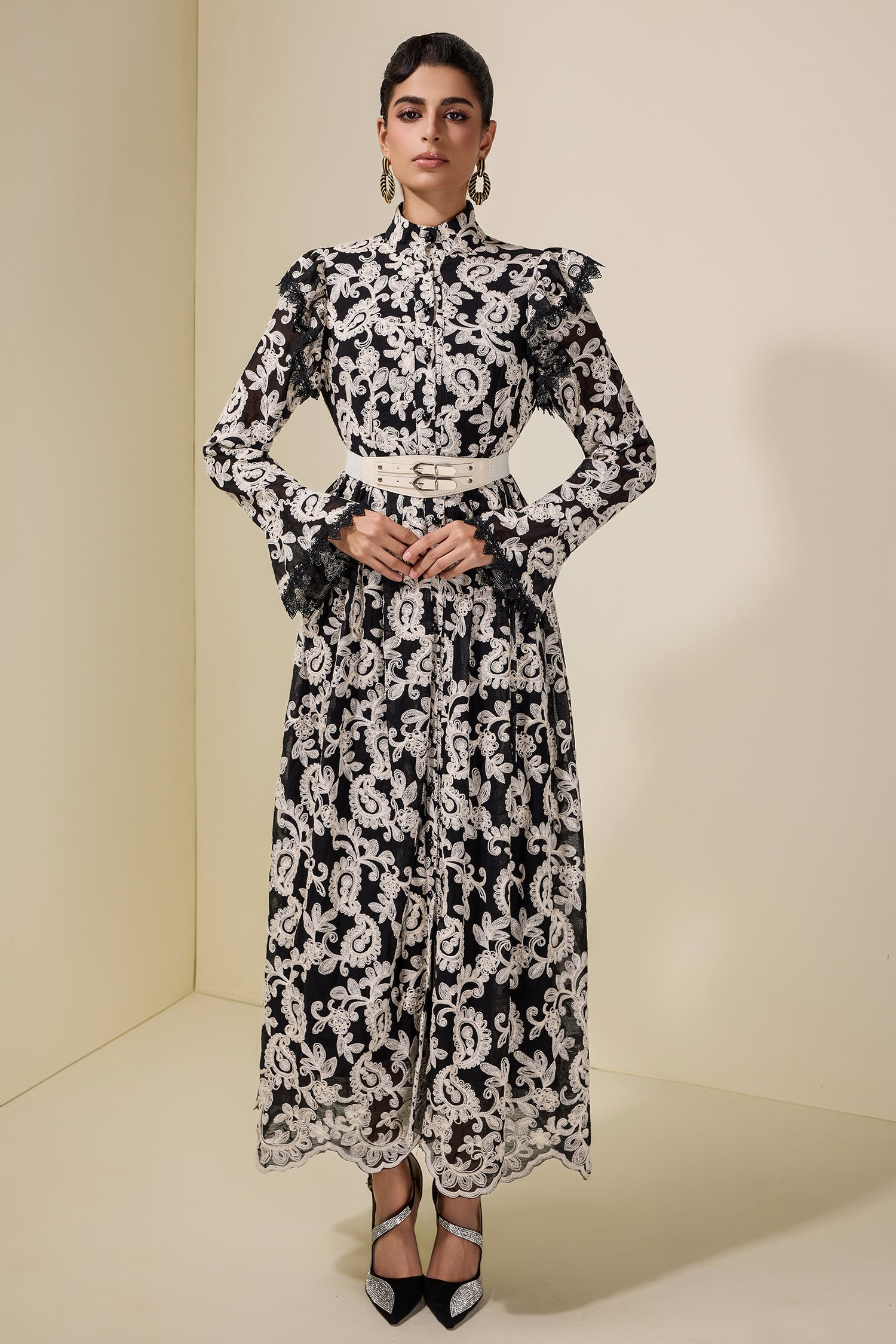 Chiffon Embroidered Single Breasted Midi Dress With Belt