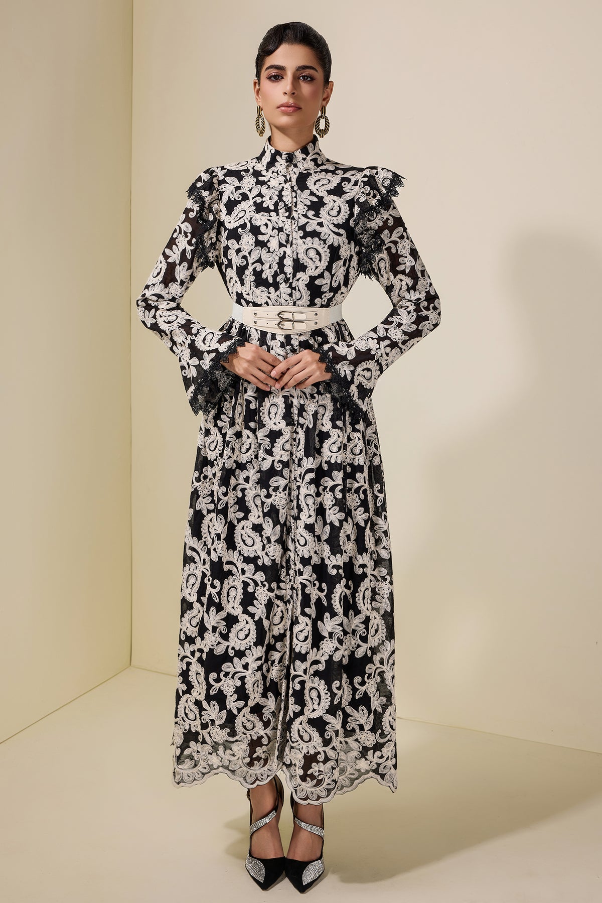 Chiffon Embroidered Single Breasted Midi Dress With Belt