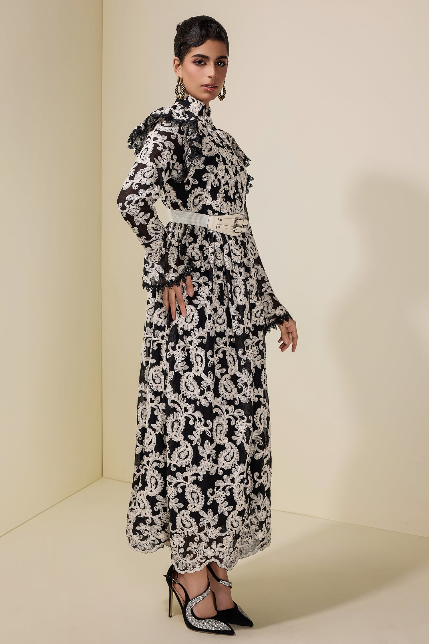 Chiffon Embroidered Single Breasted Midi Dress With Belt