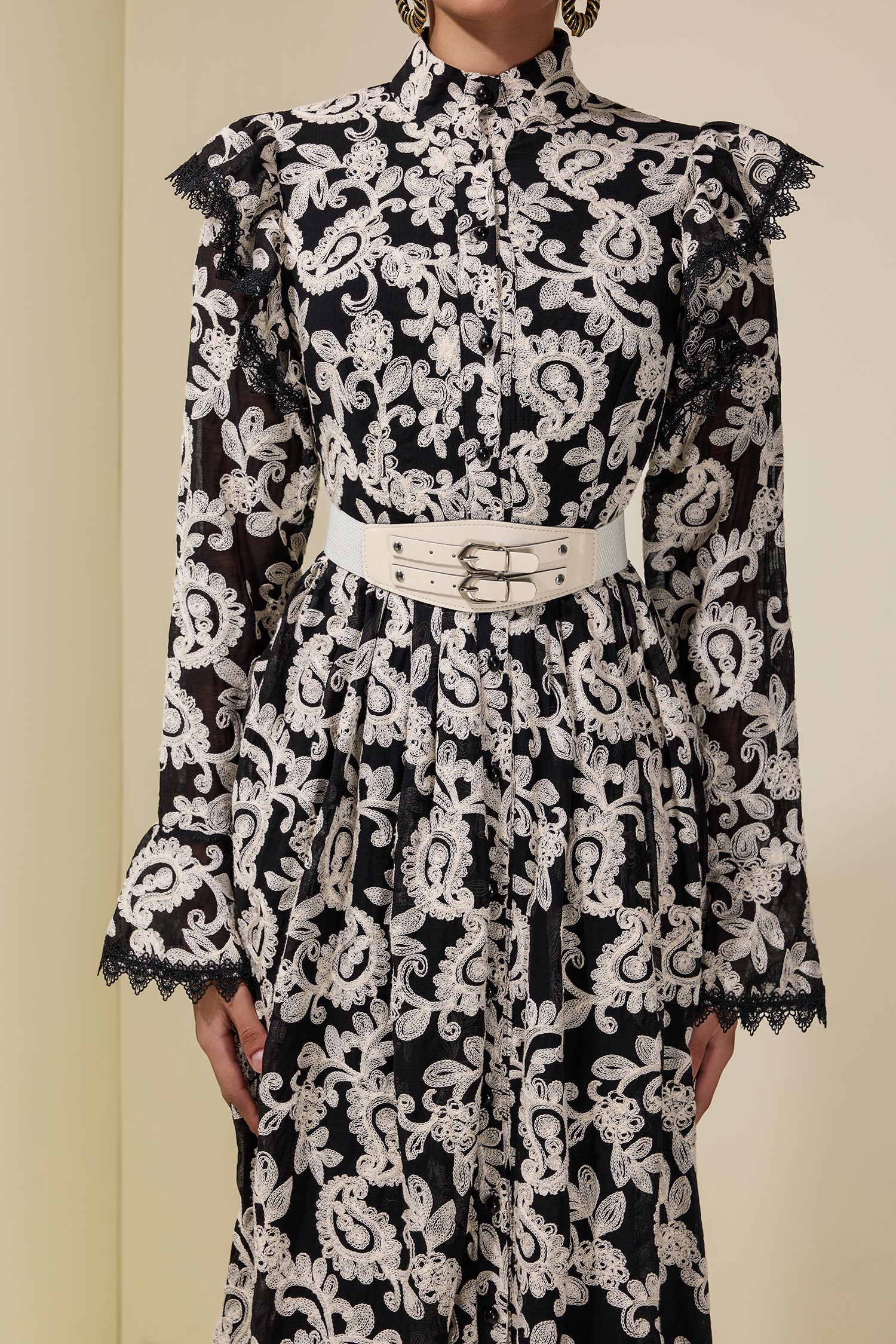 Chiffon Embroidered Single Breasted Midi Dress With Belt