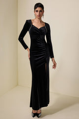 Velvet V-Neck Rhinestone Midi Dress