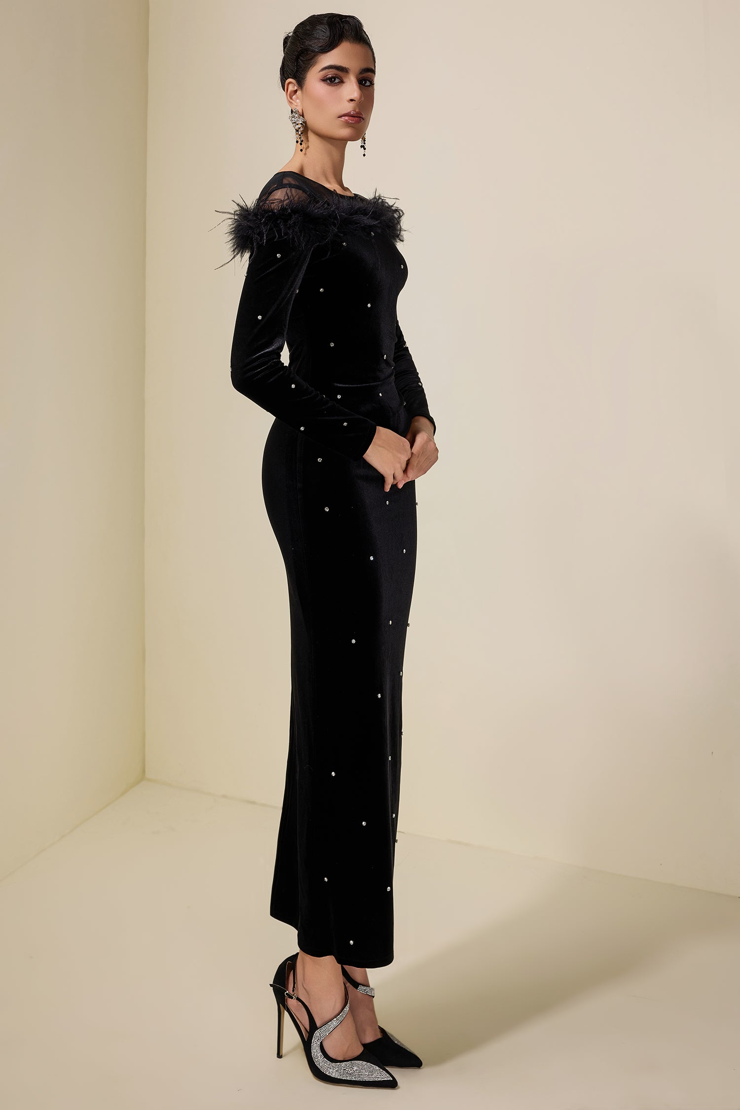 Velvet Rhinestone Feather Midi Dress