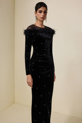 Velvet Rhinestone Feather Midi Dress