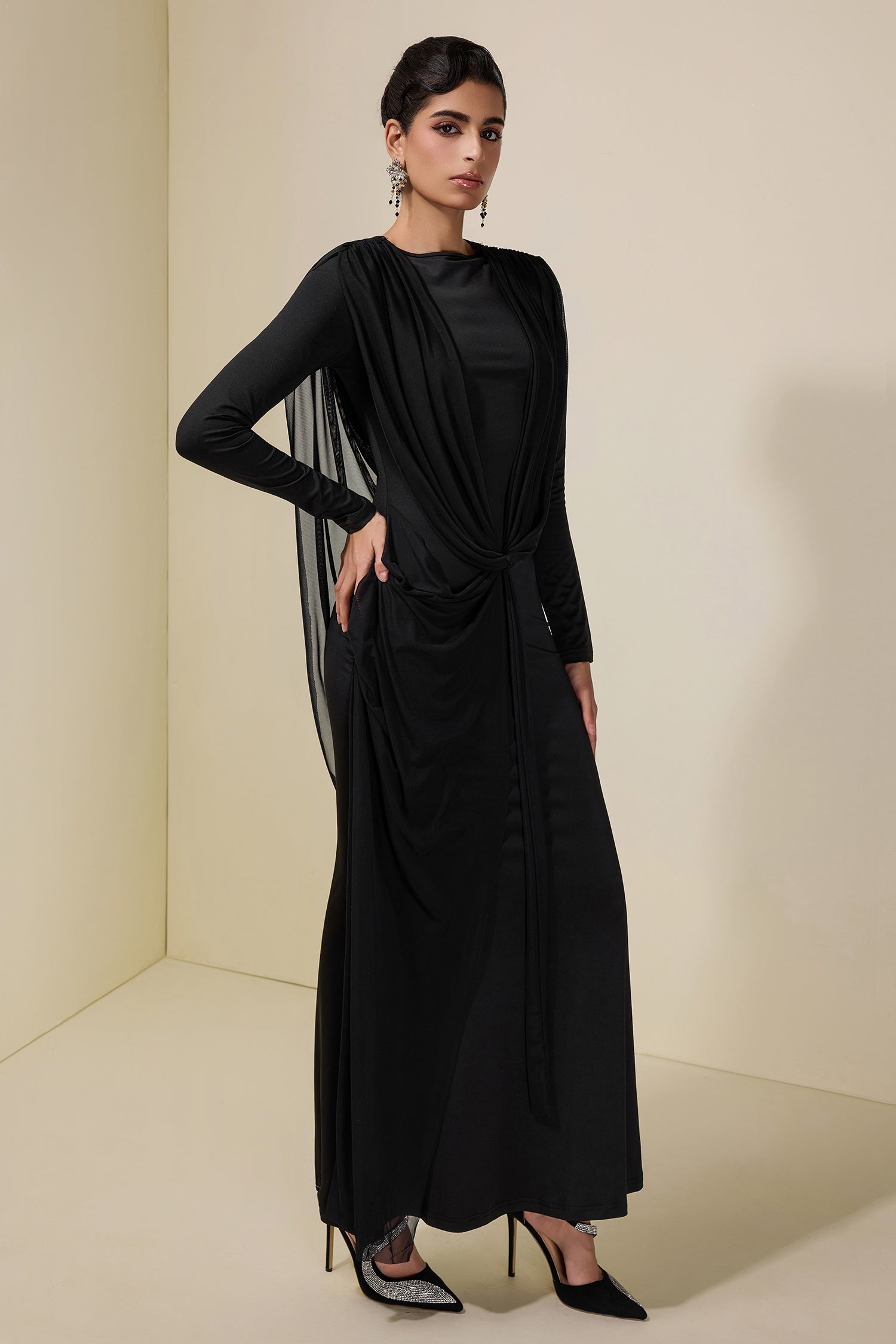 Mesh Pleated Tie-Up Maxi Dress