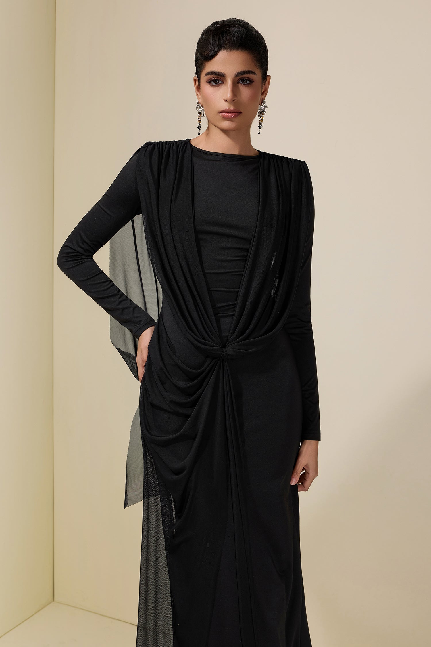 Mesh Pleated Tie-Up Maxi Dress