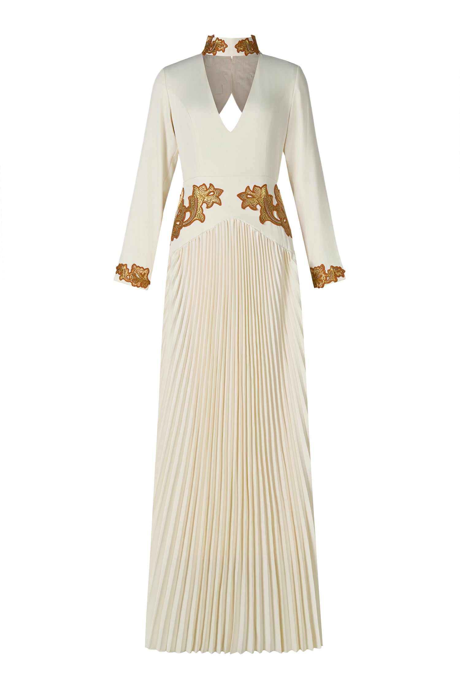 Appliquéd V-Neck Pleated Maxi Dress
