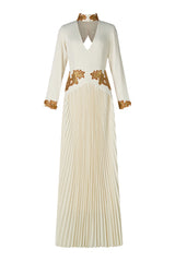 Appliquéd V-Neck Pleated Maxi Dress
