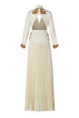Appliquéd V-Neck Pleated Maxi Dress