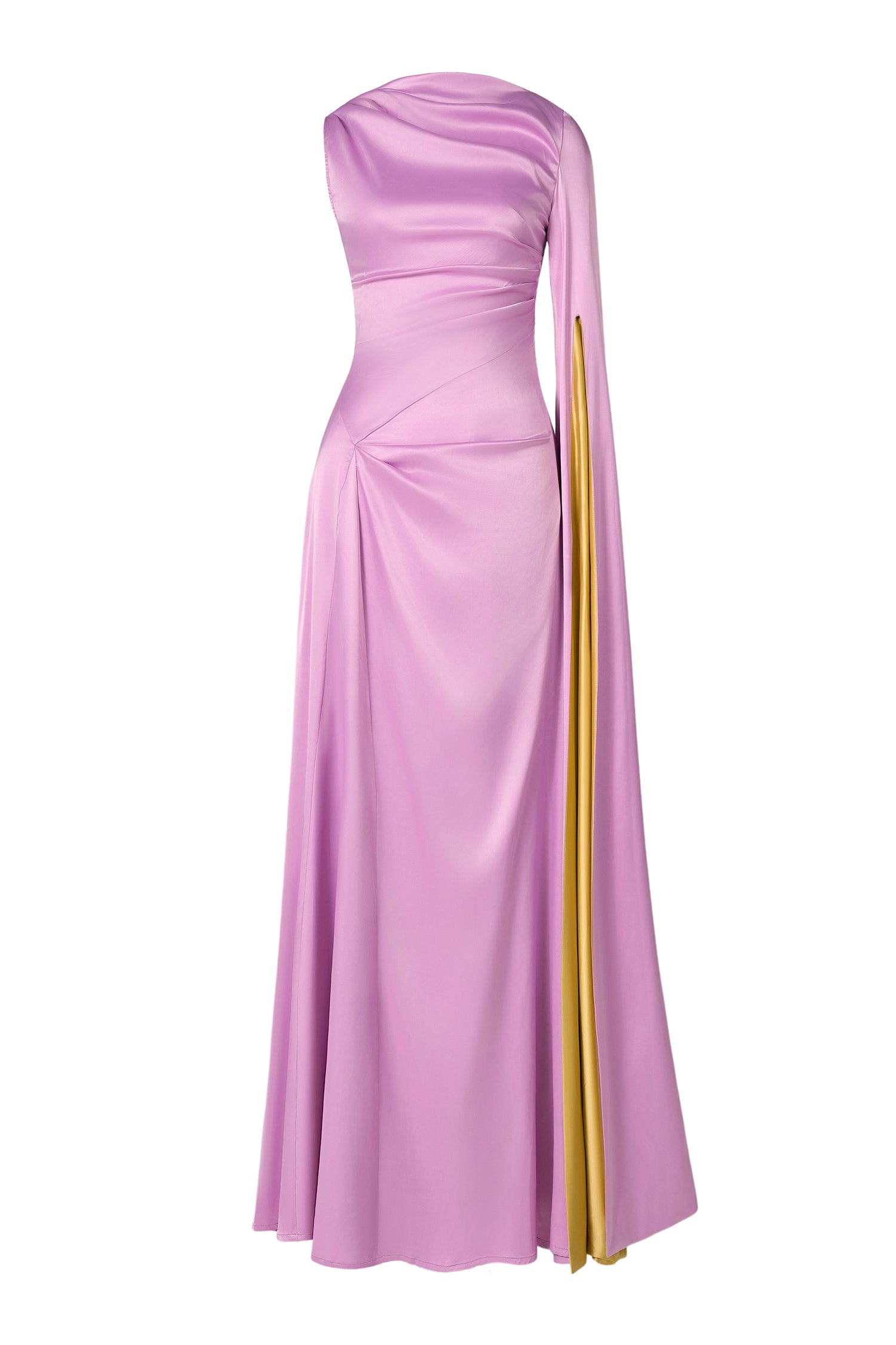 Contrast Color Gathering One Sleeve Maxi Dress