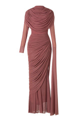 Mesh Gathering Asymmetrical Sleeve Maxi Dress