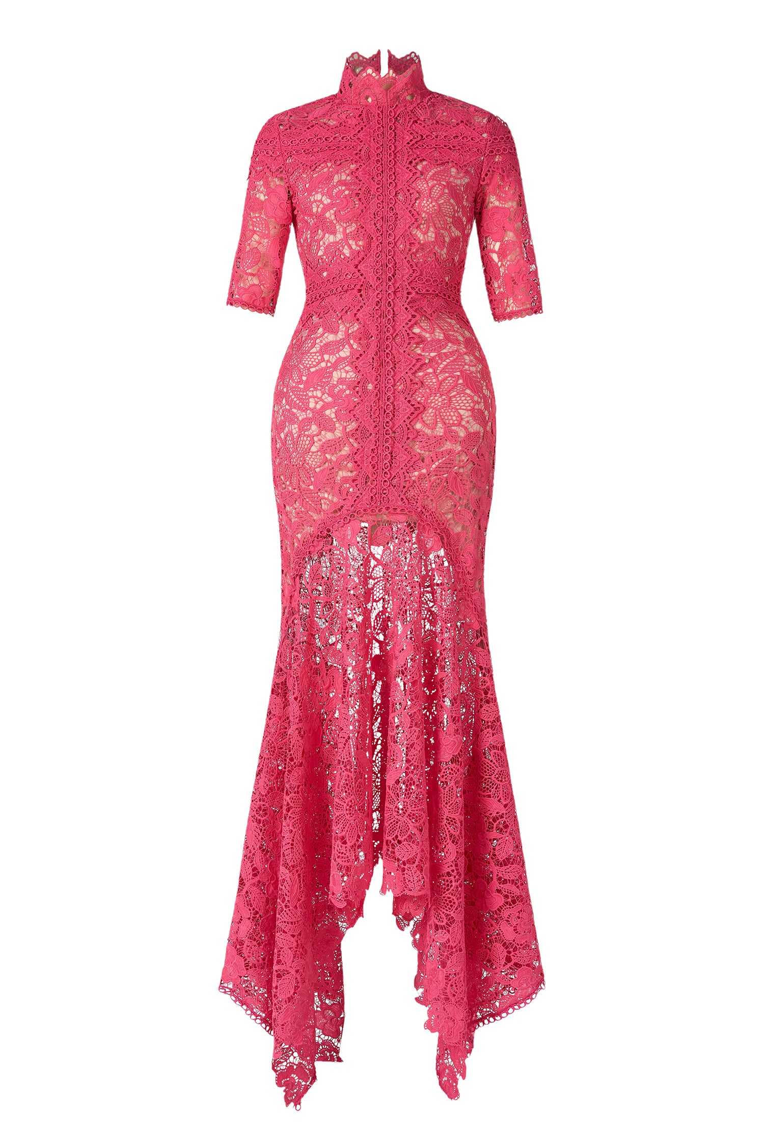 Lace Stand Collar Mid Sleeve Midi Dress