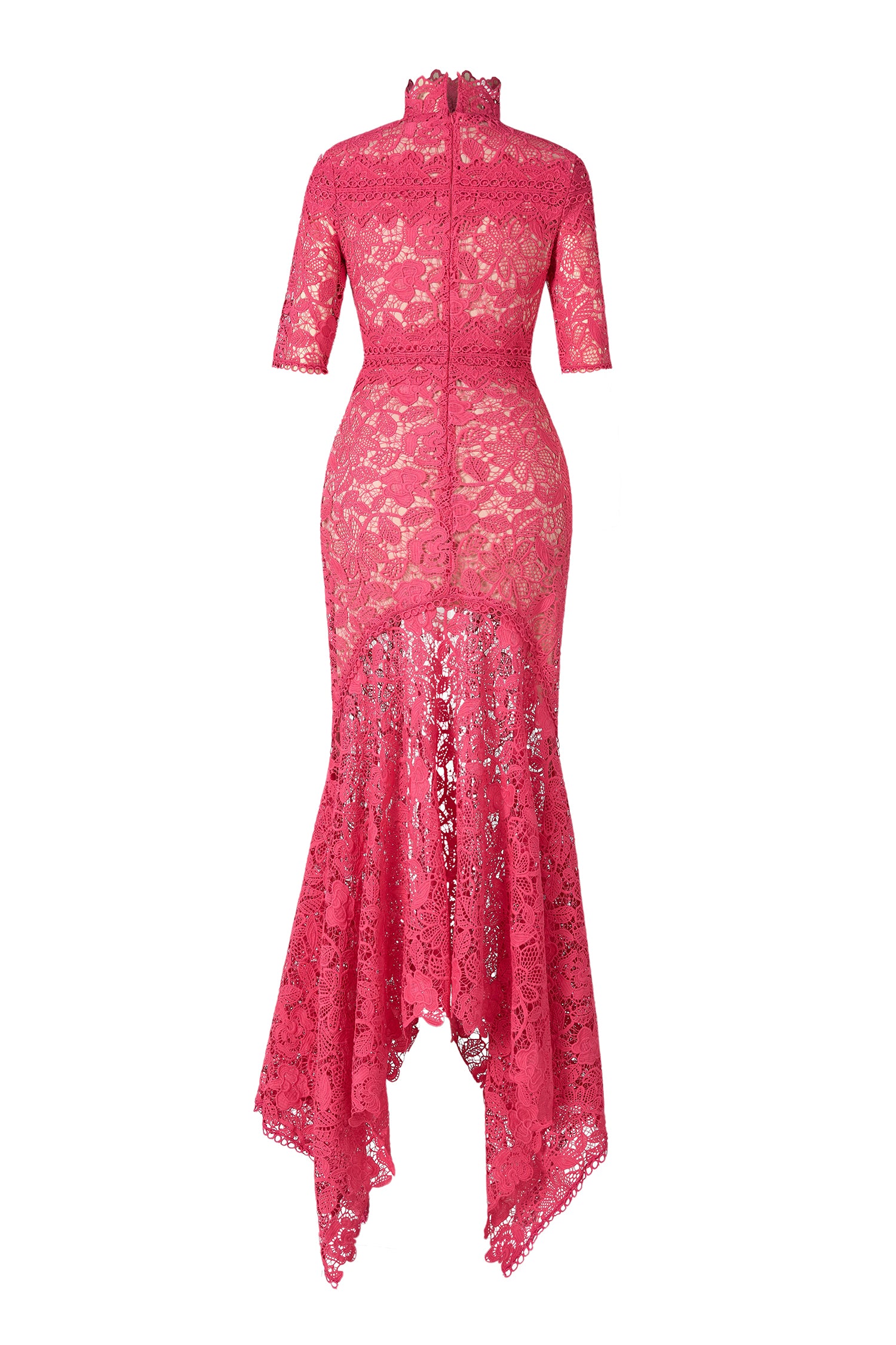 Lace Stand Collar Mid Sleeve Midi Dress