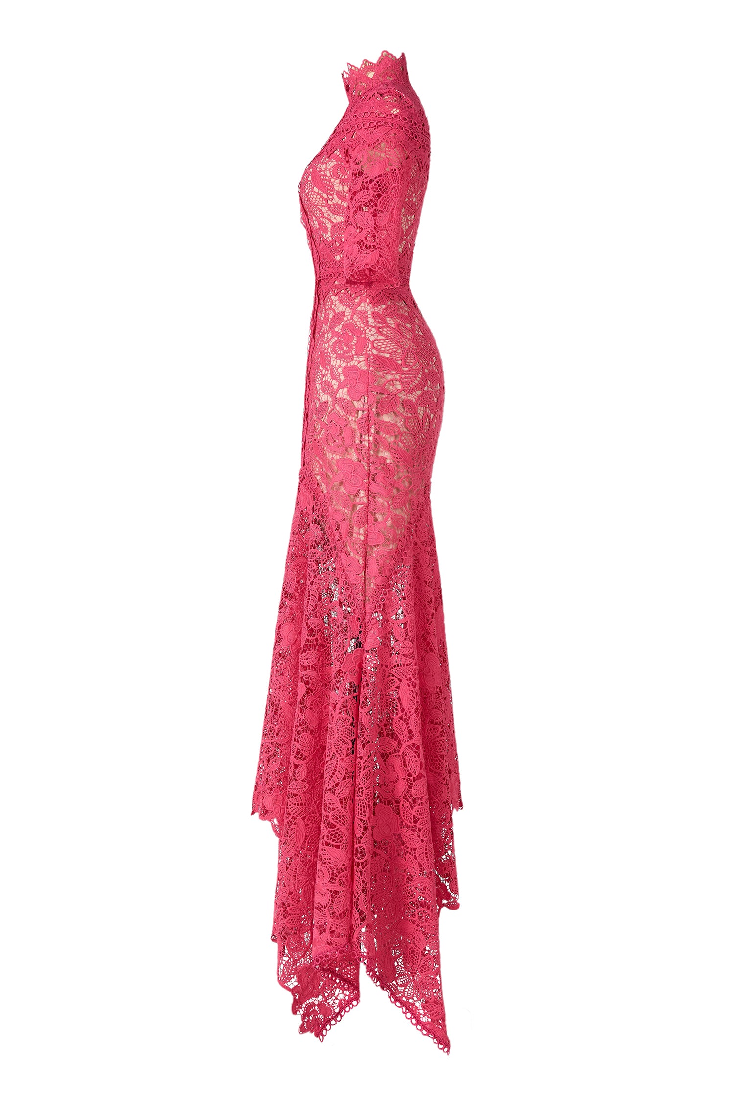 Lace Stand Collar Mid Sleeve Midi Dress