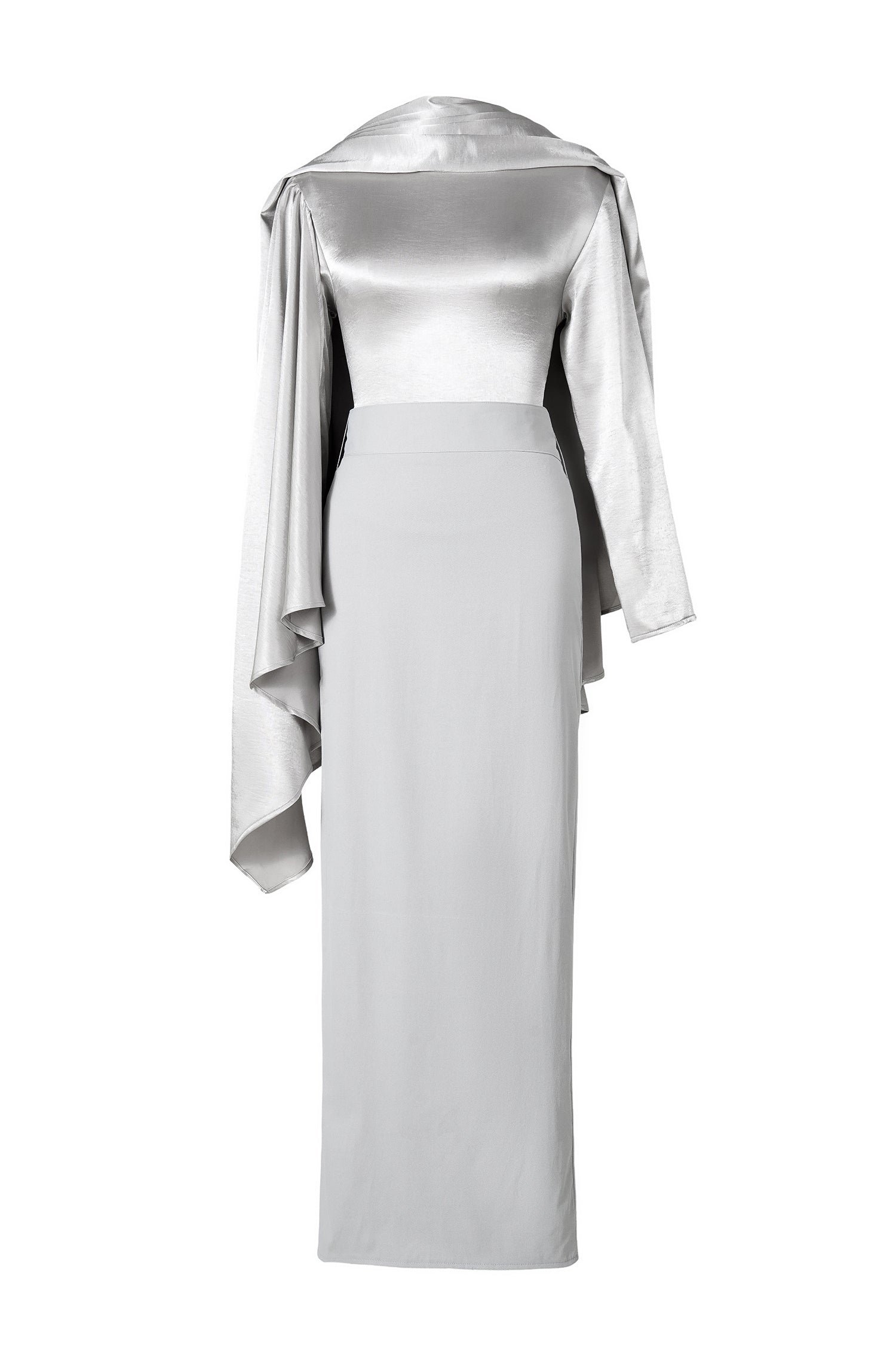 Satin Cape Sleeve Top & Slit Midi Skirt Set