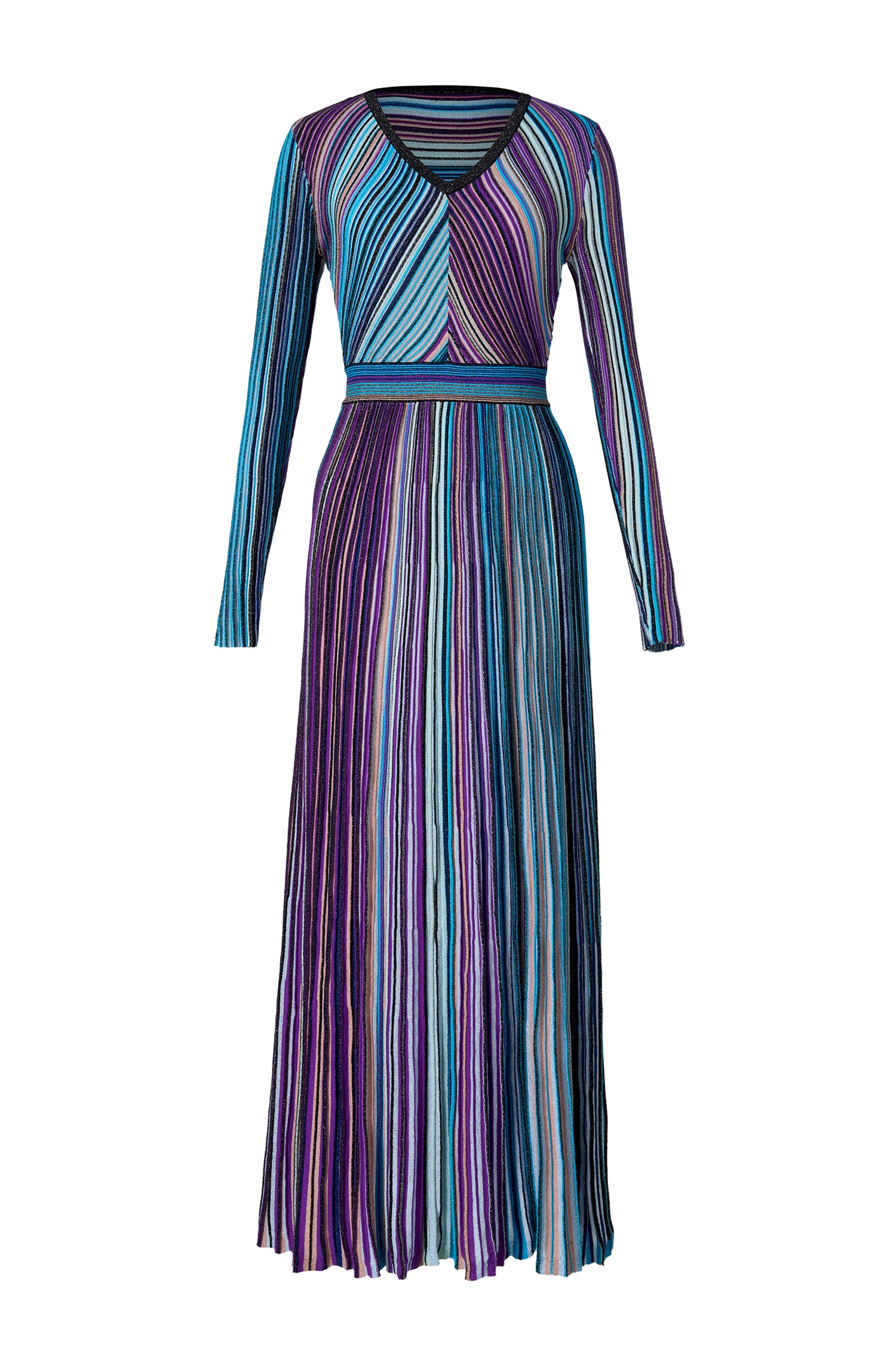 Knit Contrast Color V-Neck Midi Dress