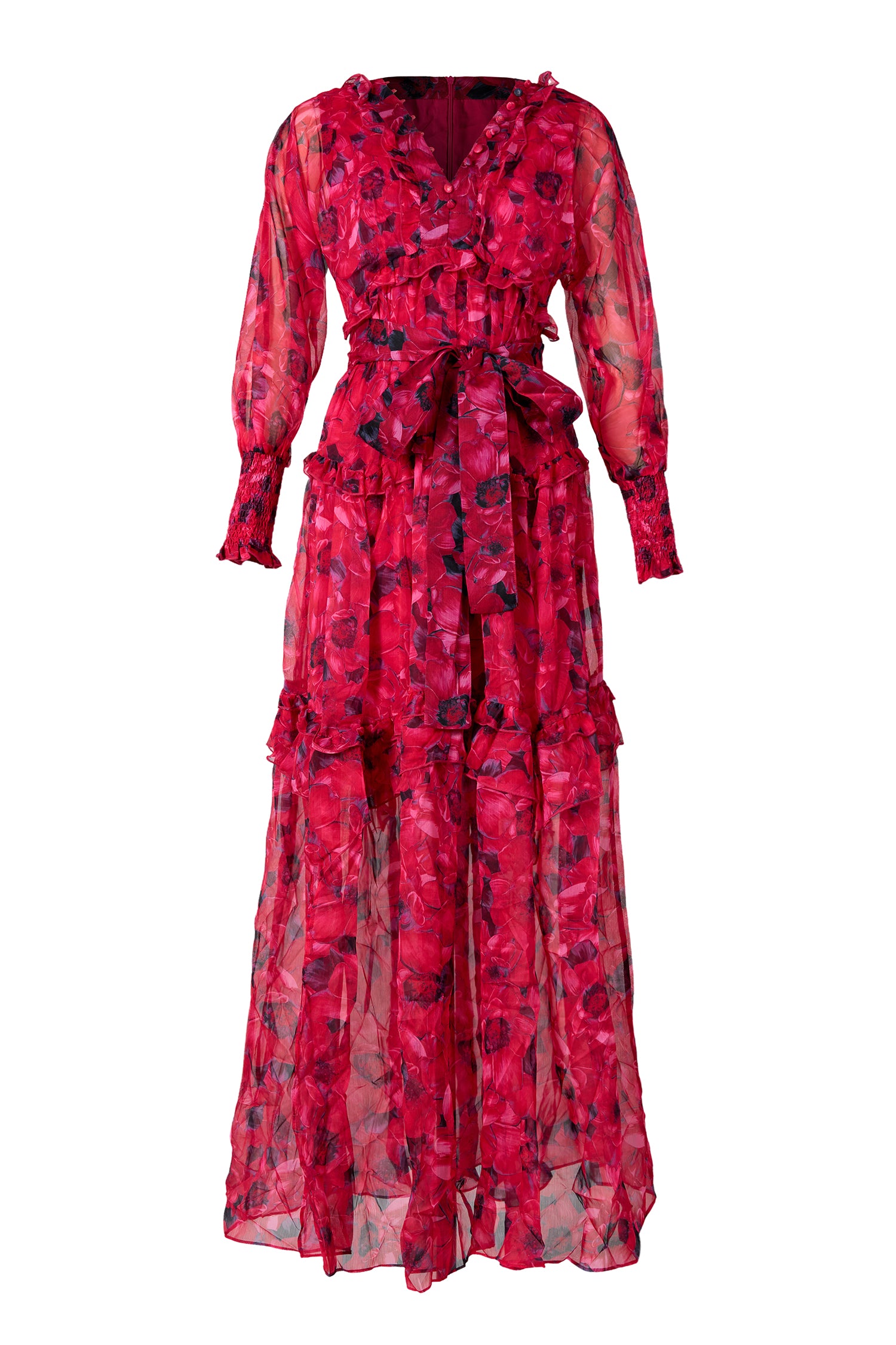 Floral Ruffle Lantern Sleeve Midi Dress