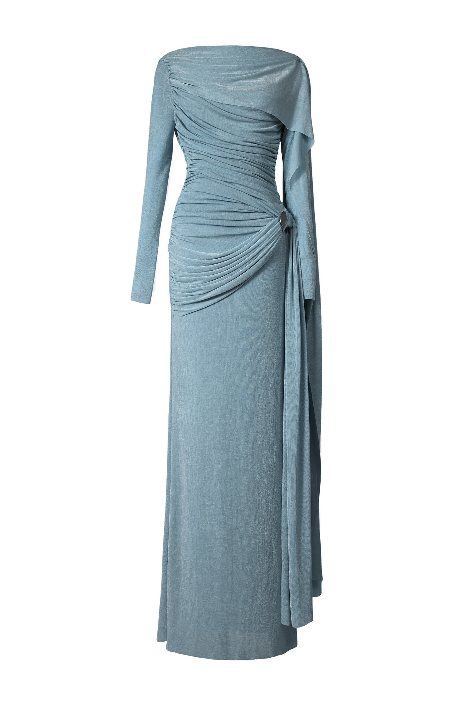 Solid Gathering Metal Button Cape Sleeve Maxi Dress