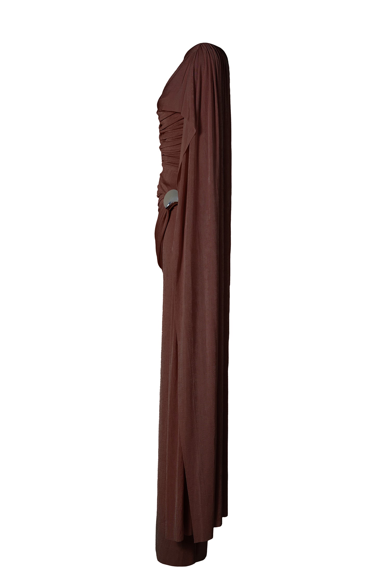 Solid Gathering Metal Button Cape Sleeve Maxi Dress