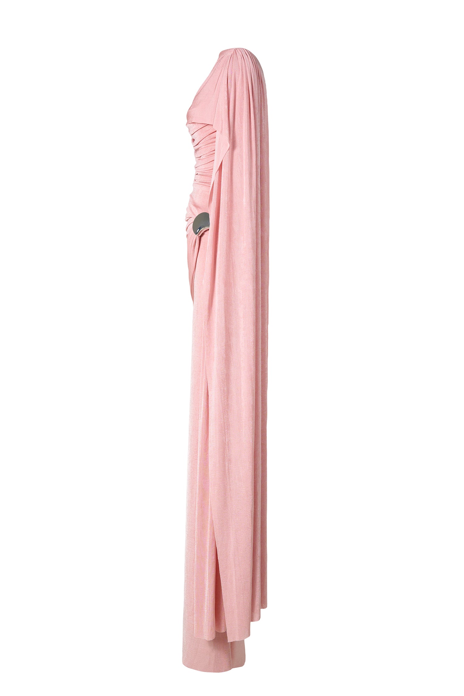Solid Gathering Metal Button Cape Sleeve Maxi Dress