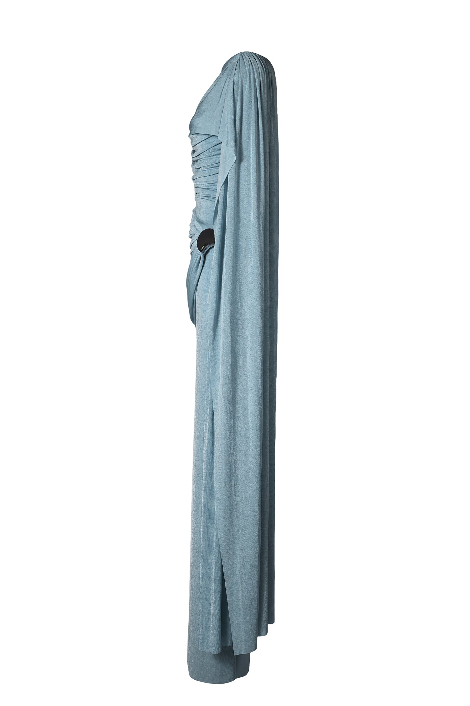 Solid Gathering Metal Button Cape Sleeve Maxi Dress