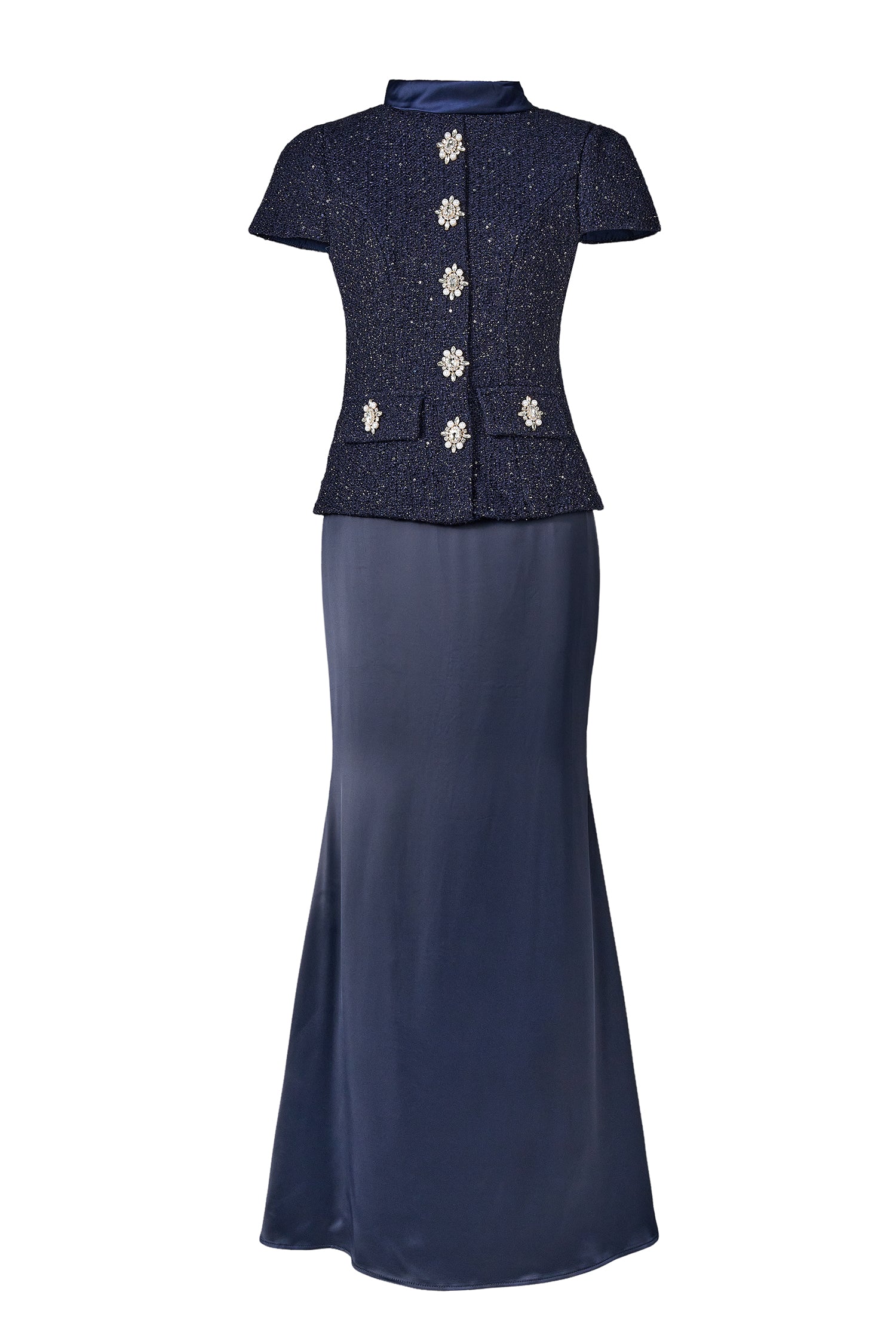 Rivet Stand Collar Top & Satin High Waist Midi Skirt Set