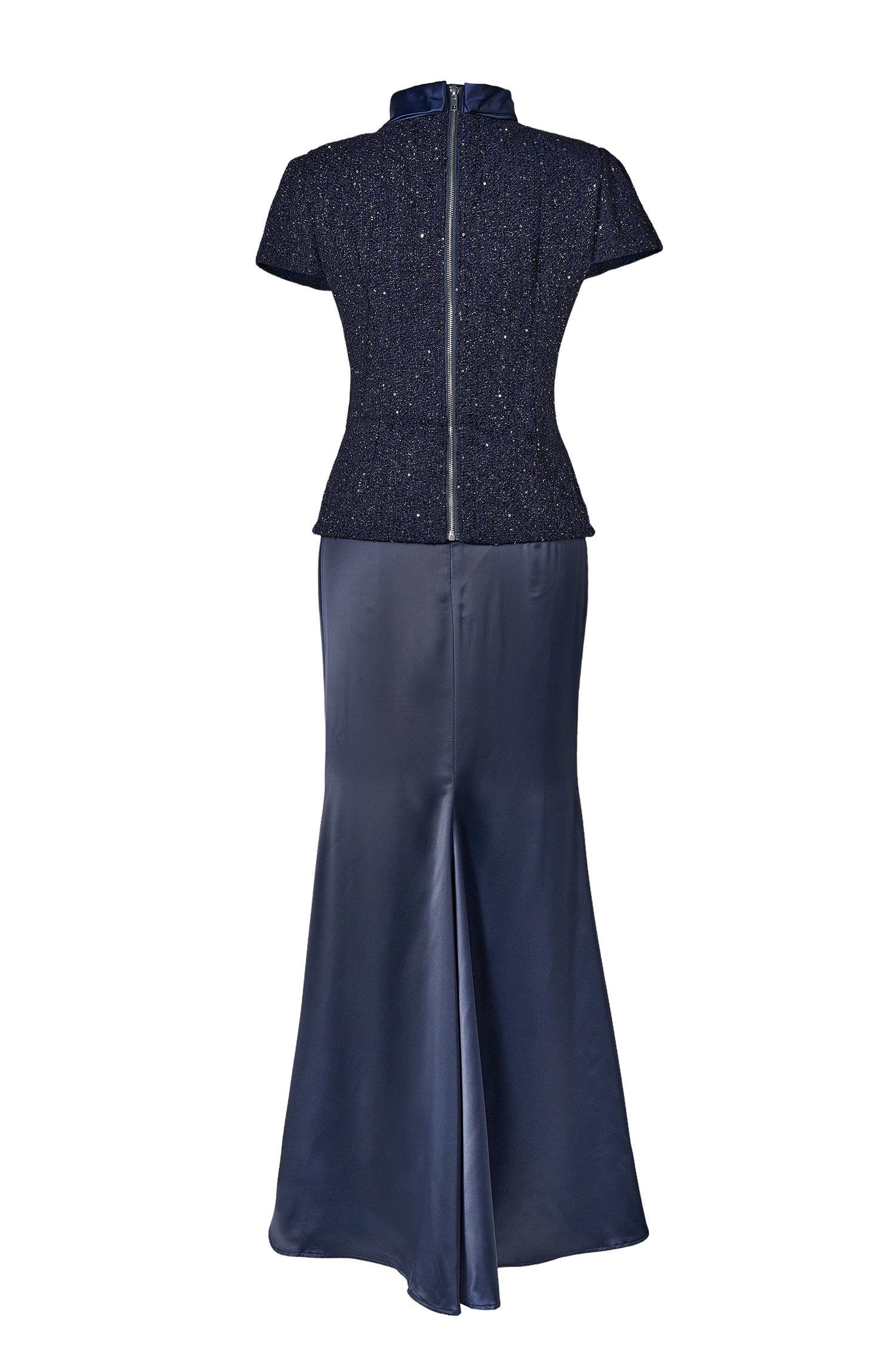 Rivet Stand Collar Top & Satin High Waist Midi Skirt Set