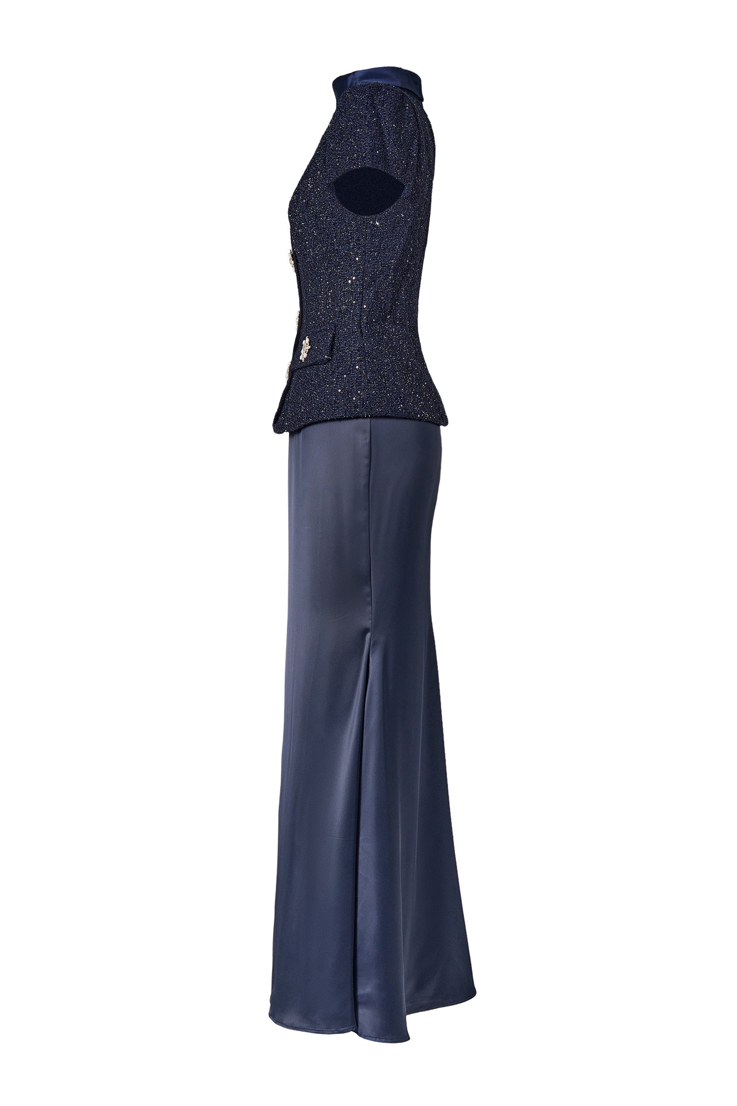 Rivet Stand Collar Top & Satin High Waist Midi Skirt Set