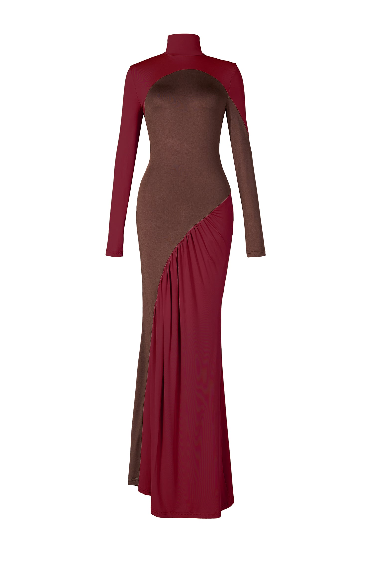 Contrast Color Long Sleeve High Neck Maxi Dress