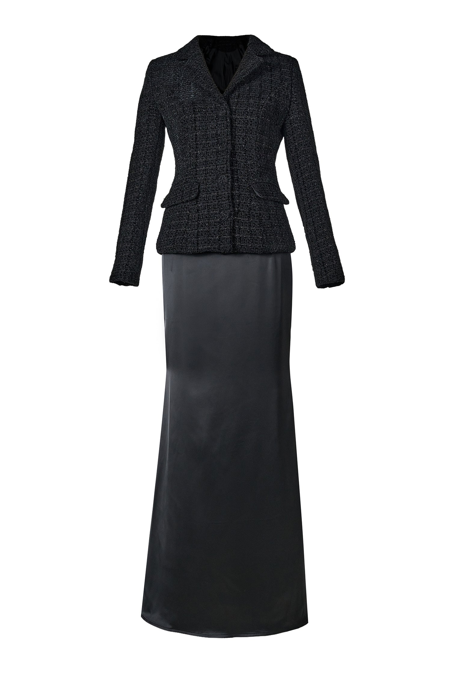 Tweed Single Breasted Tailored Collar Blazer & Satin Maxi Skirt Set
