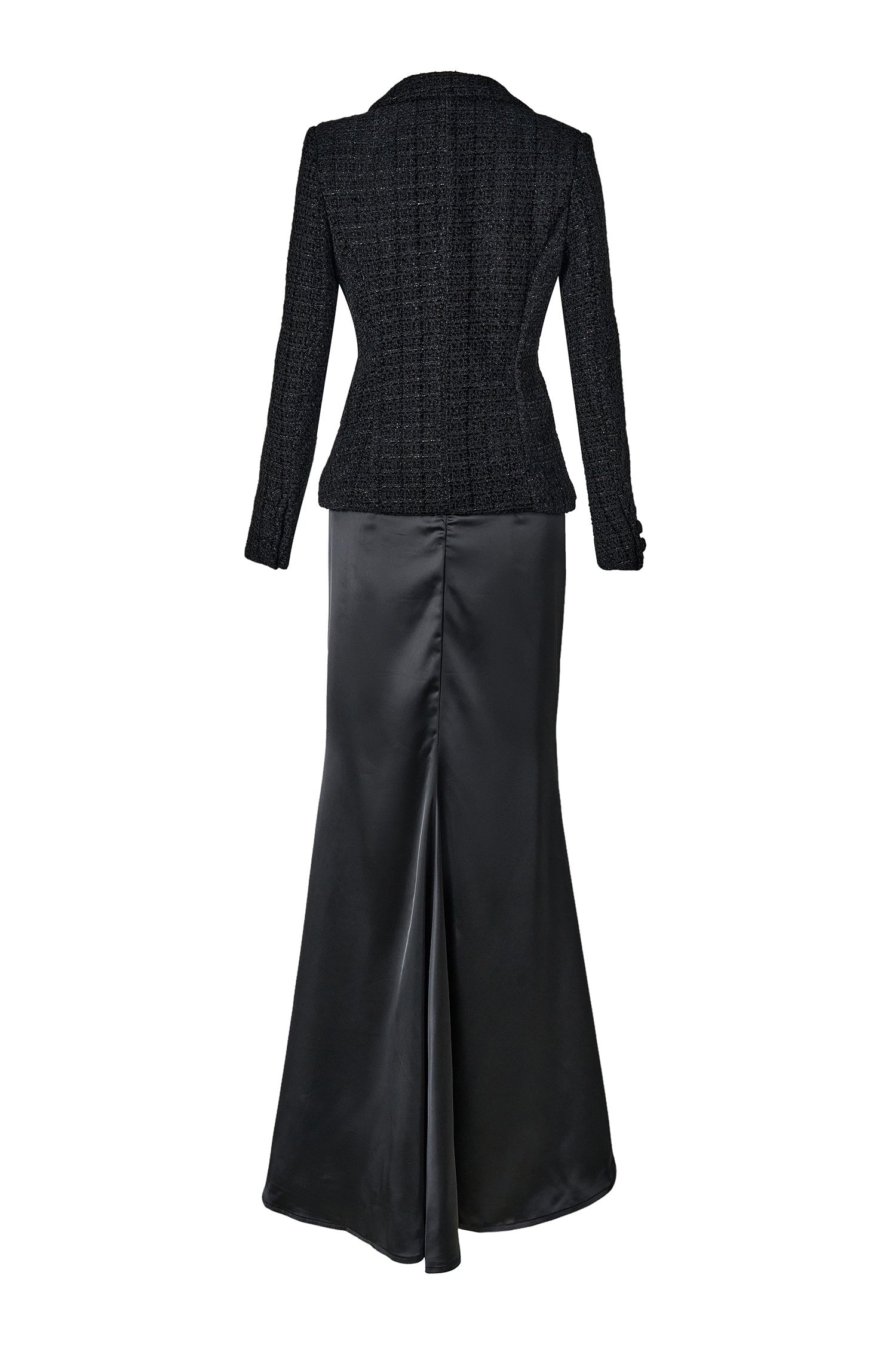 Tweed Single Breasted Tailored Collar Blazer & Satin Maxi Skirt Set