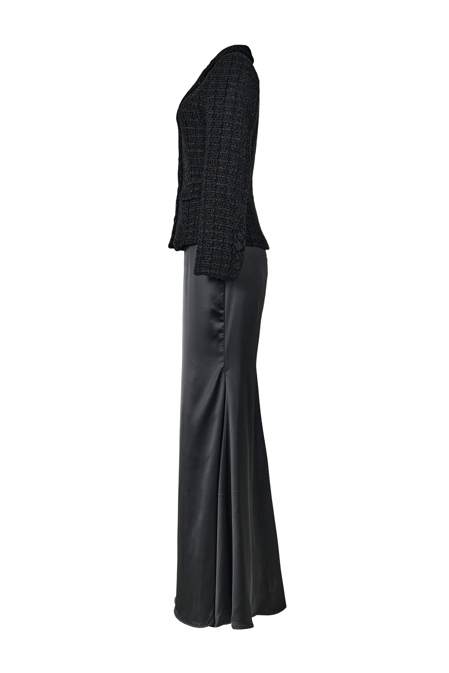Tweed Single Breasted Tailored Collar Blazer & Satin Maxi Skirt Set