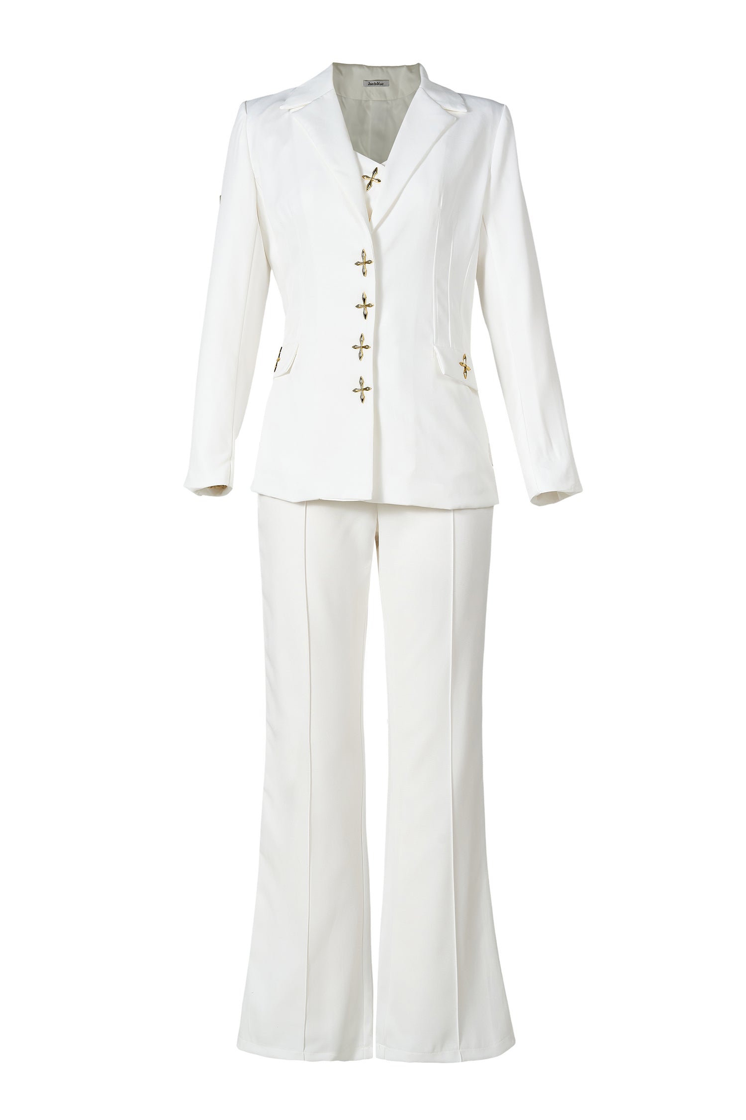 Metal Button Blazer Solid Waistcoat Mid Waist Pants Three Piece Set