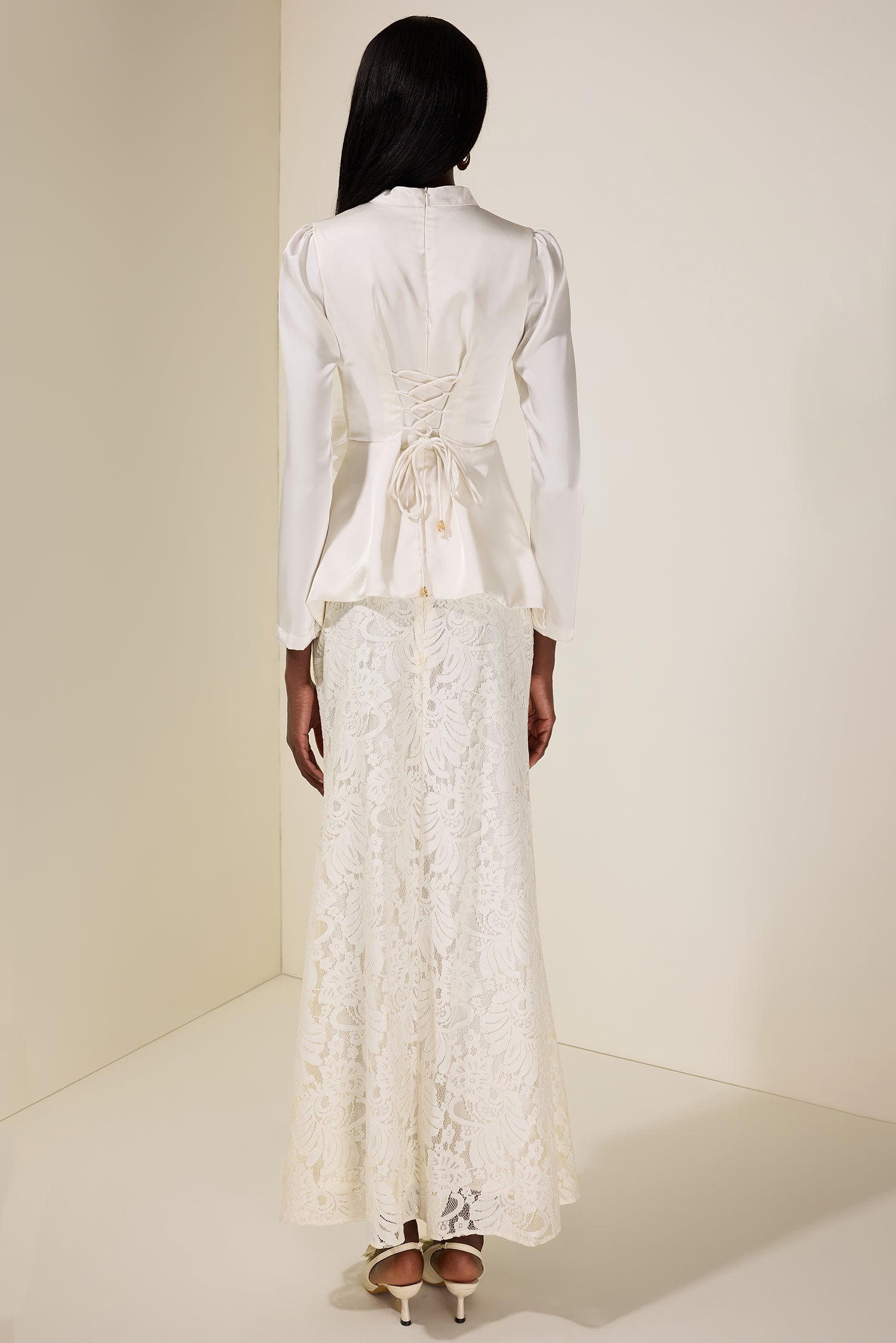 Satin Solid Top & Lace Maxi Skirt Set