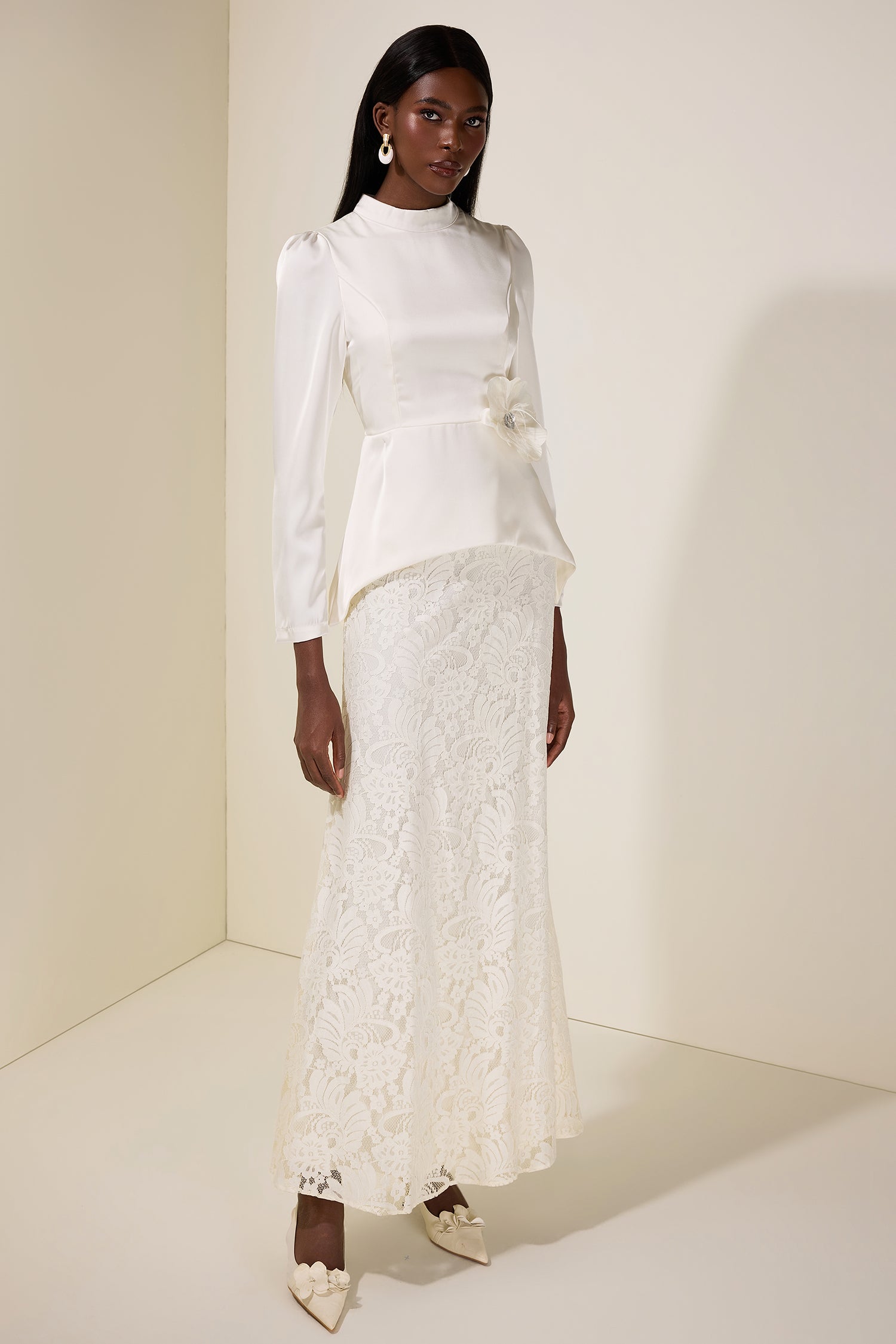 Satin Solid Top & Lace Maxi Skirt Set