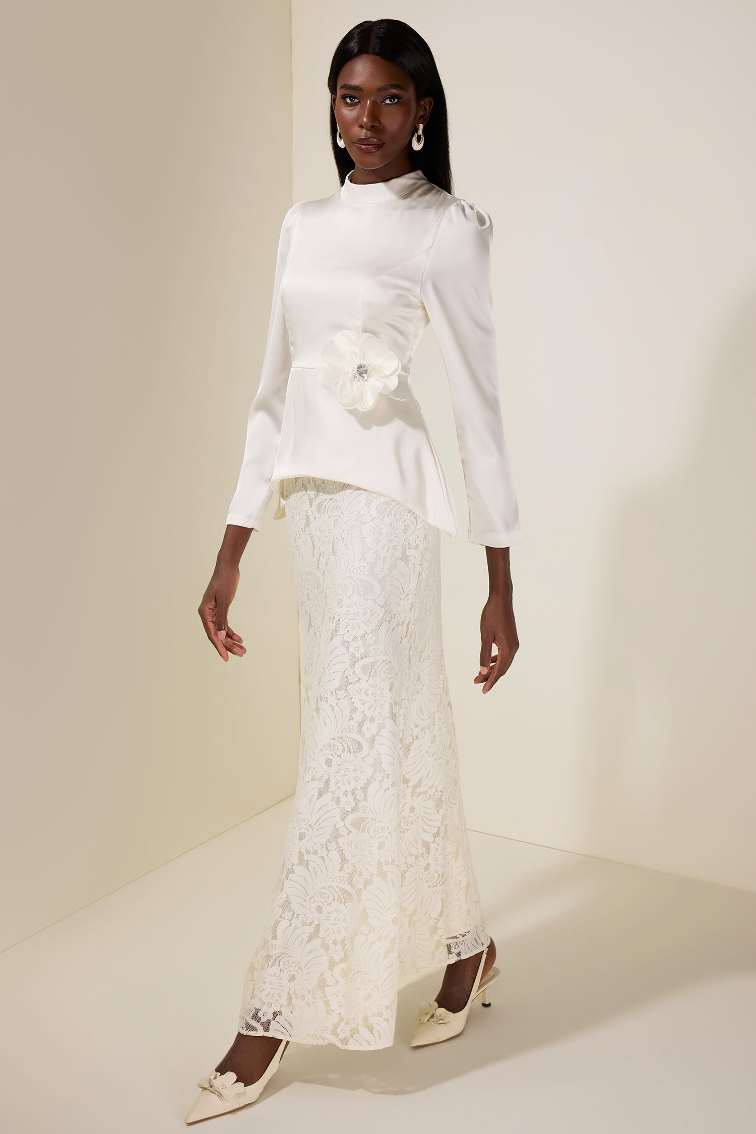 Satin Solid Top & Lace Maxi Skirt Set