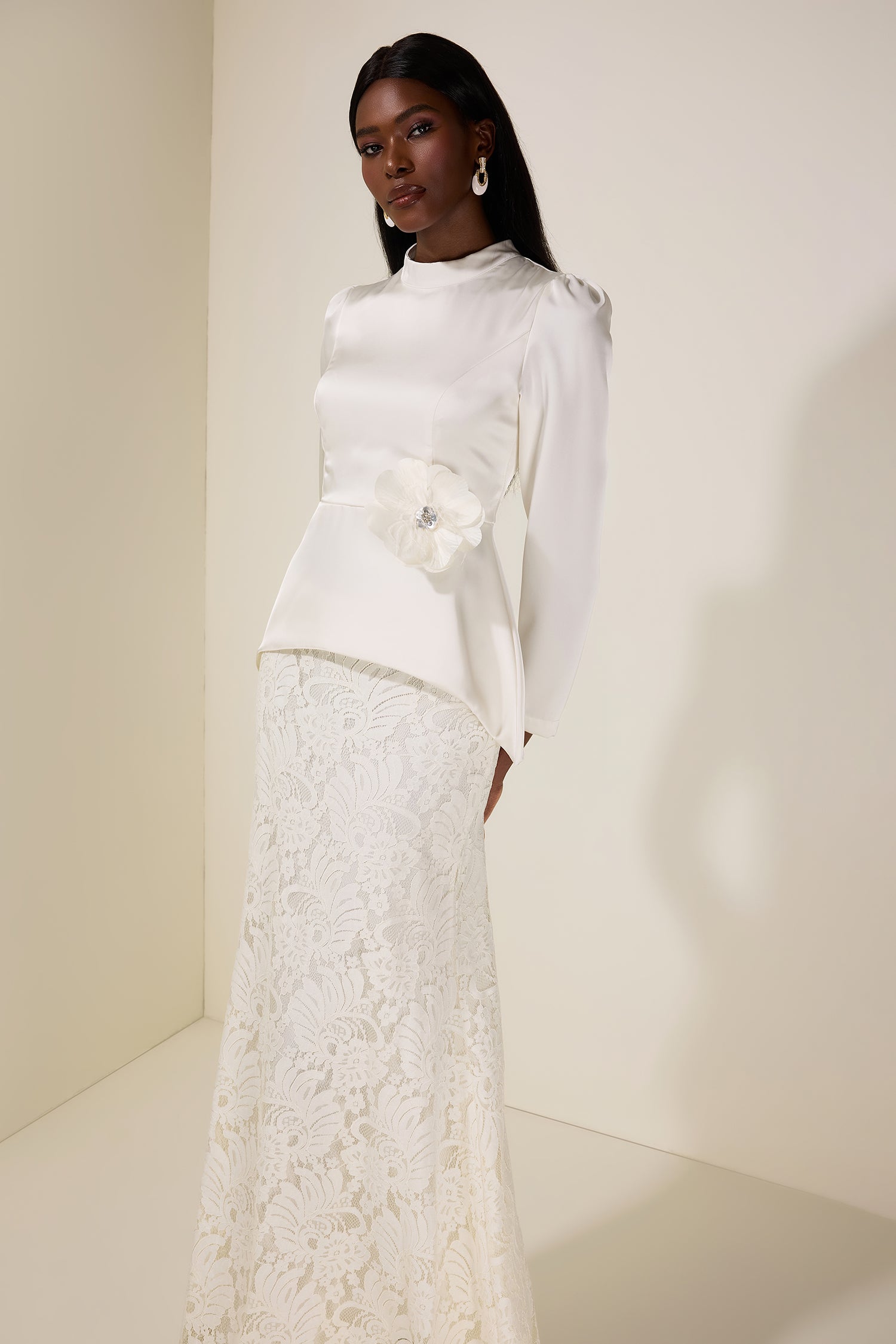 Satin Solid Top & Lace Maxi Skirt Set