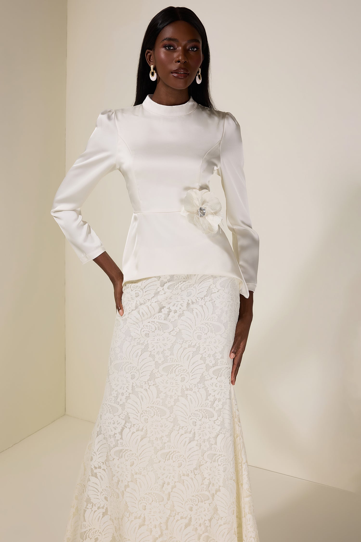 Satin Solid Top & Lace Maxi Skirt Set