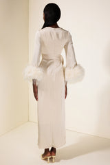 Satin Lace-Up Feather-Trimmed Pleated Maxi Dress