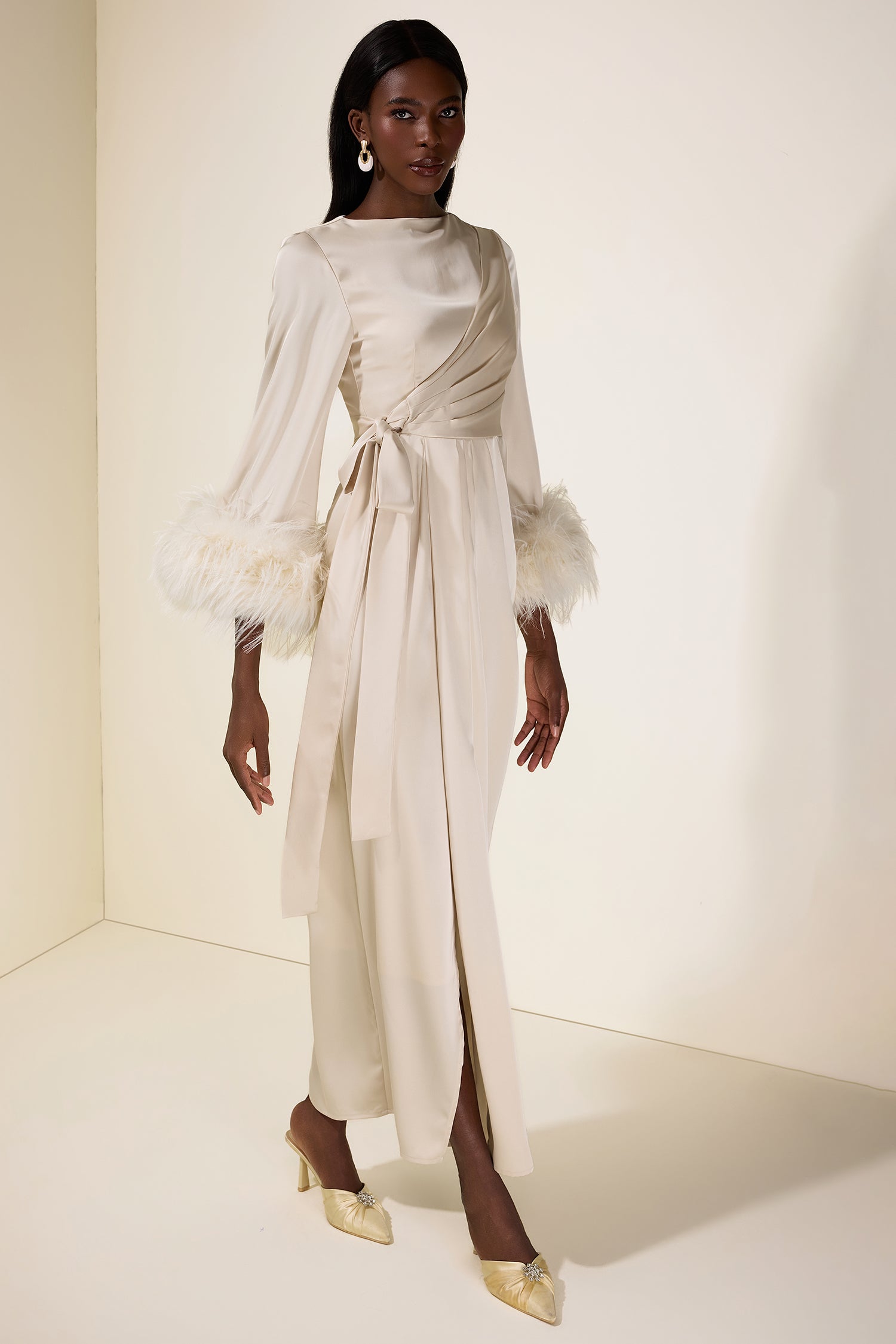 Satin Lace-Up Feather-Trimmed Pleated Maxi Dress