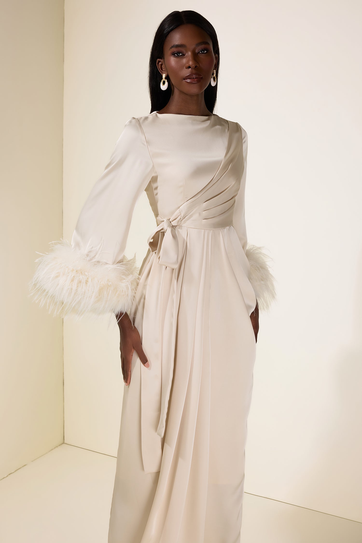 Satin Lace-Up Feather-Trimmed Pleated Maxi Dress
