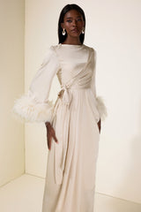 Satin Lace-Up Feather-Trimmed Pleated Maxi Dress