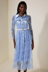 Organza Embroidered Metal Button Midi Dress With Belt