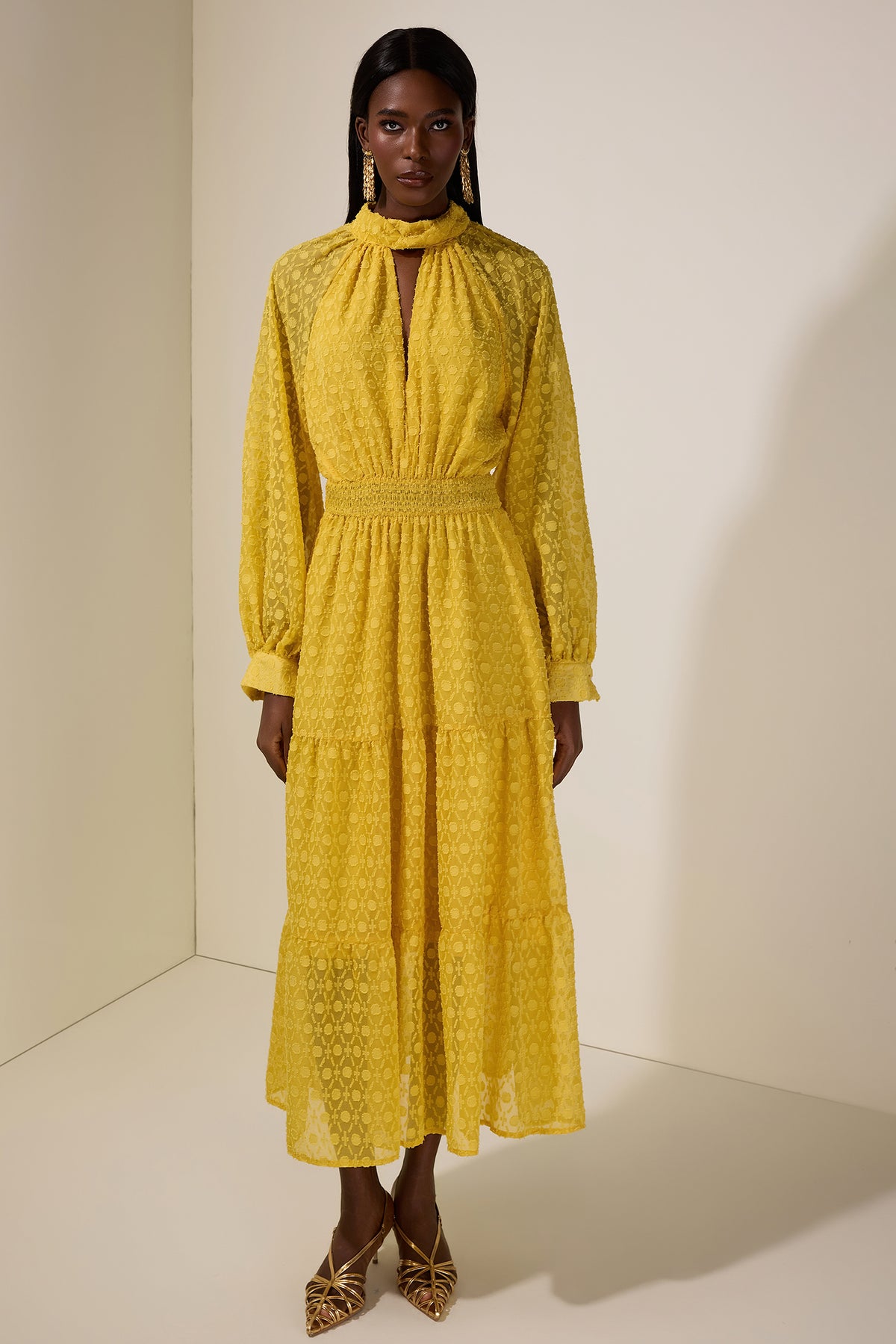 Jacquard Cut-Out Smocking Midi Dress