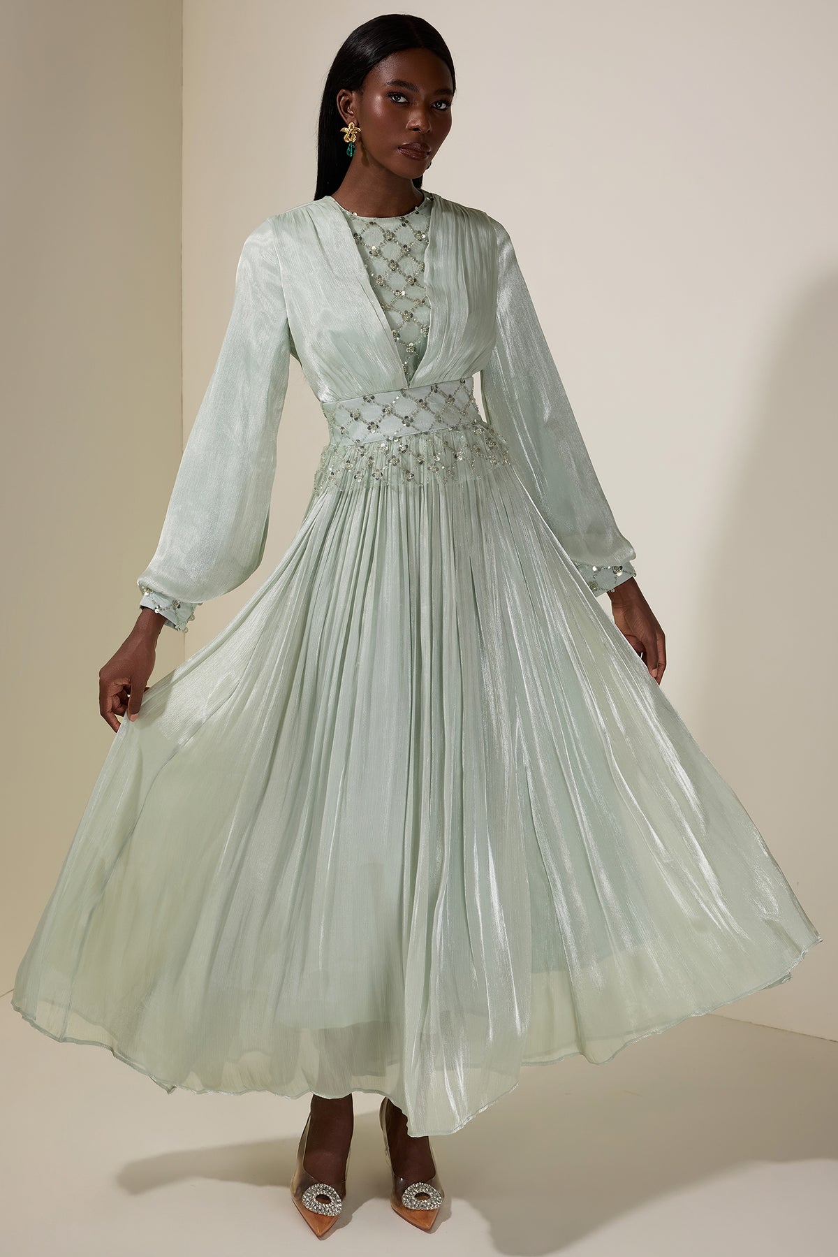 Beaded Round Neck Lantern Sleeve Midi Dress
