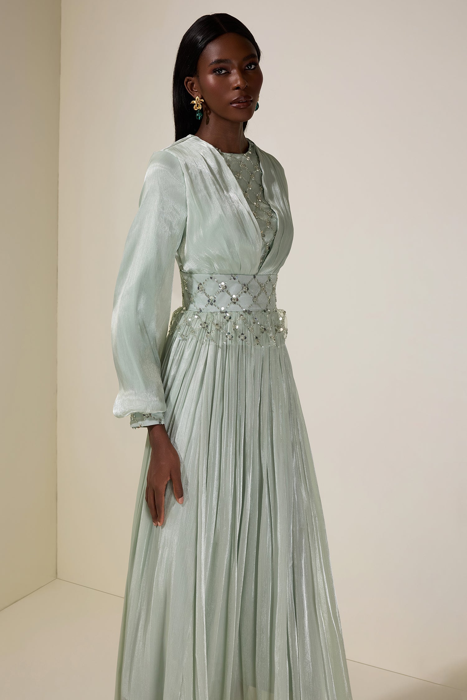 Beaded Round Neck Lantern Sleeve Midi Dress