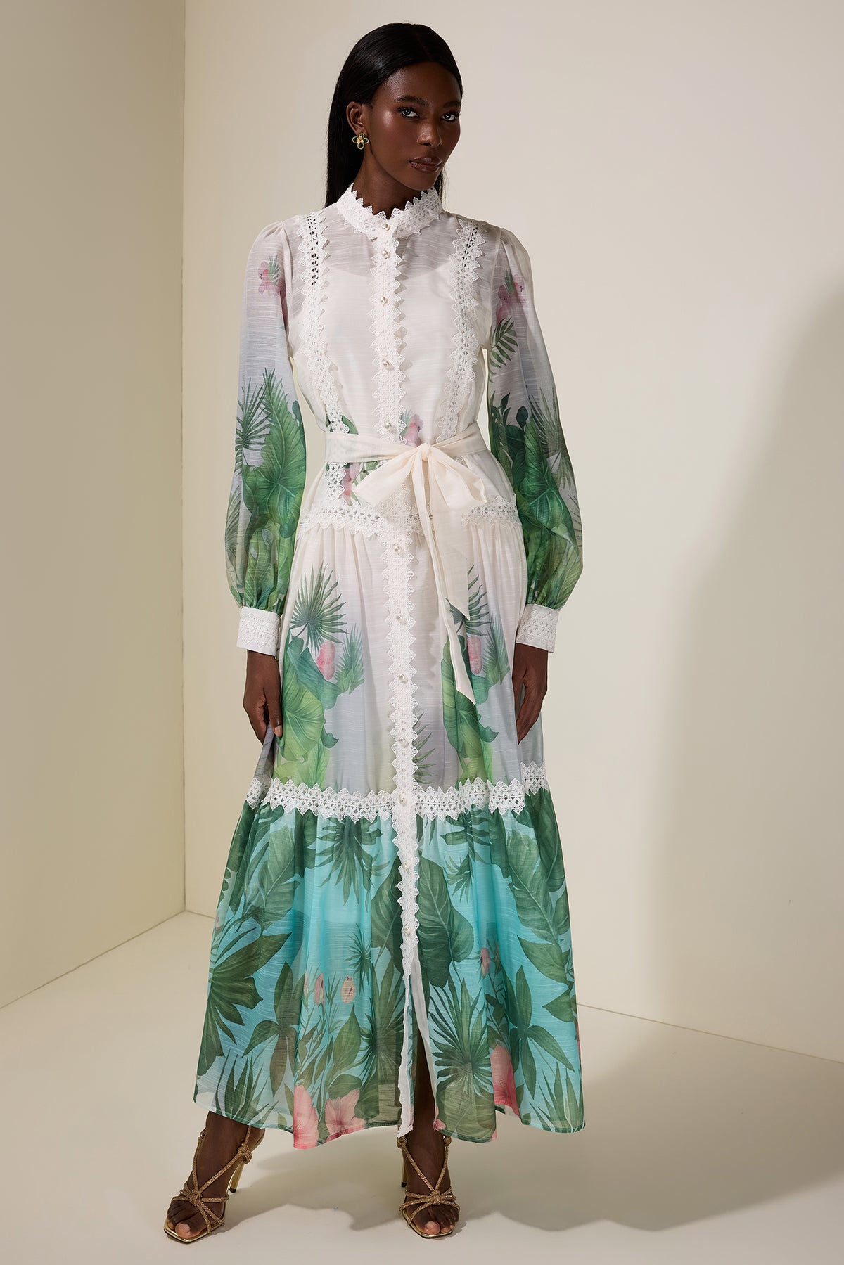 Botanical Print Single Breasted Maxi Dress With Belt