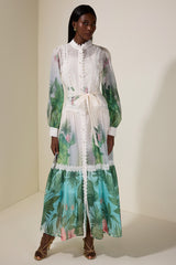 Botanical Print Single Breasted Maxi Dress With Belt