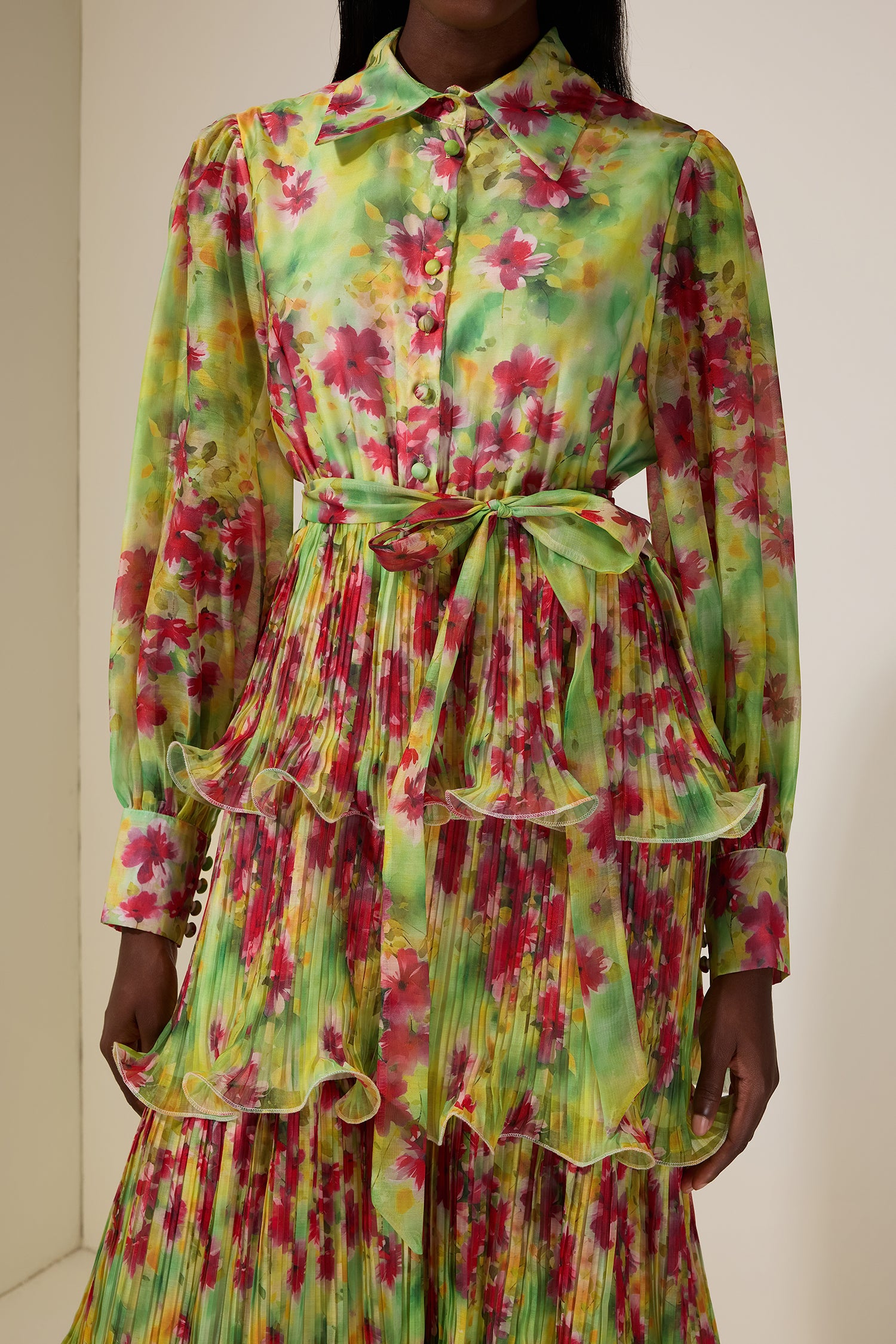 Floral Pleated Ruffle Midi Dress