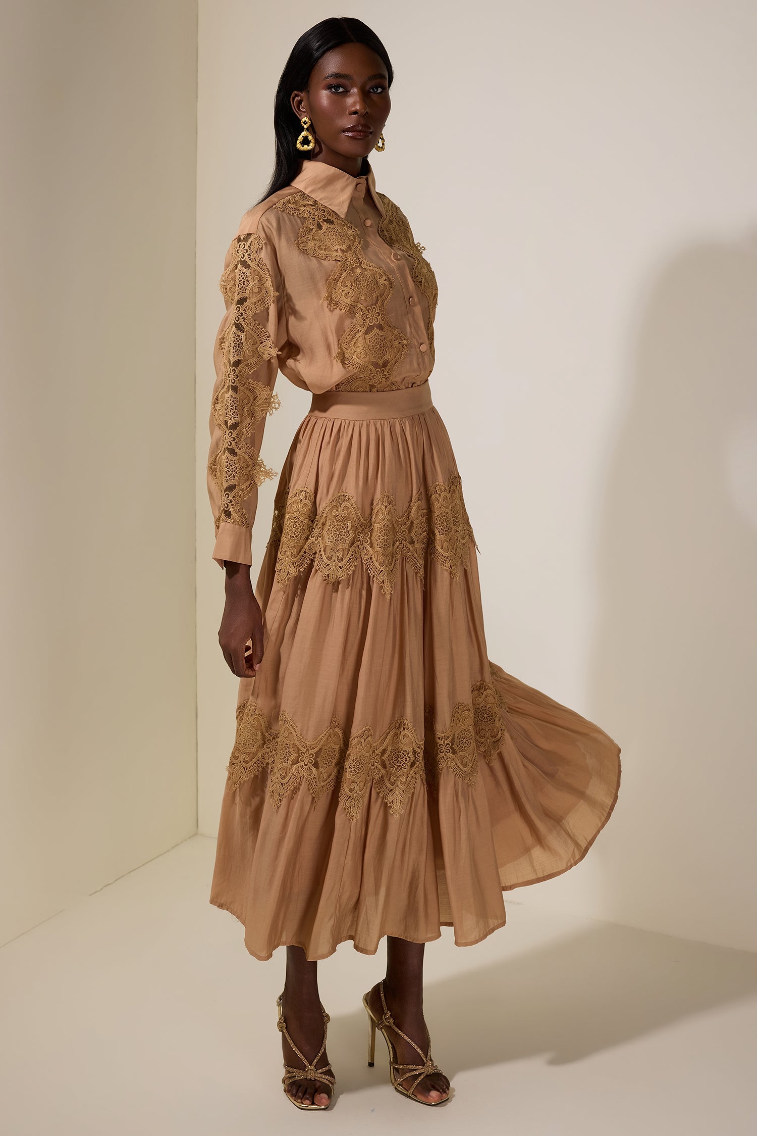 Lace Single Breasted Top & Midi Skirt Set